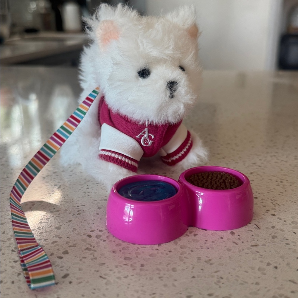 Official American Girl Doll Dog with accessories, comes w/ jacket, food, leash.